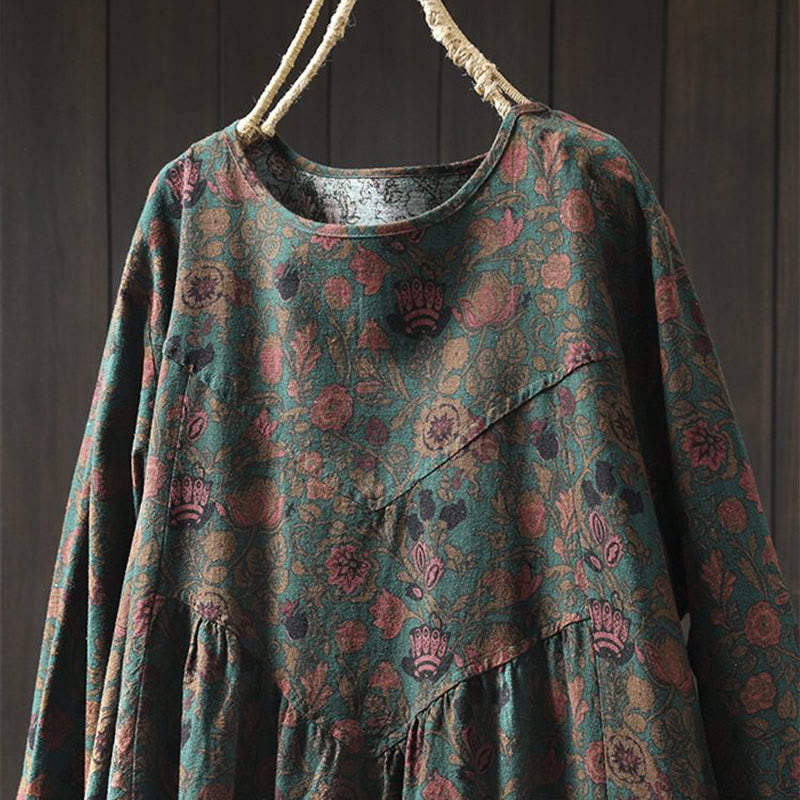 Buddha Stones Vestido largo de algodón para mujer, manga larga, diseño floral retro, corte A - image 1