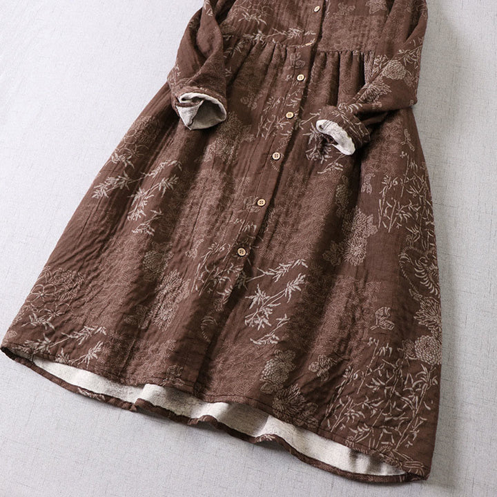 Buddha Stones Vestido midi de algodón para mujer con botones, manga larga y estampado floral de bambú y bolsillos - image 14