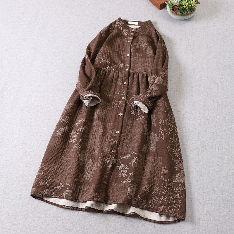 Buddha Stones Vestido midi de algodón para mujer con botones, manga larga y estampado floral de bambú y bolsillos - image 10