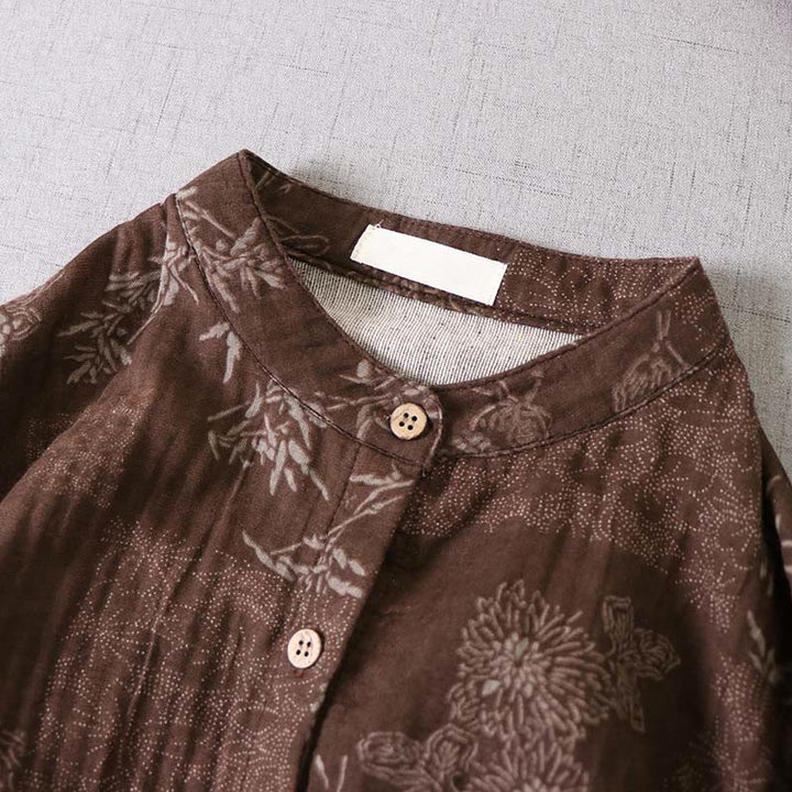 Buddha Stones Vestido midi de algodón para mujer con botones, manga larga y estampado floral de bambú y bolsillos - image 12