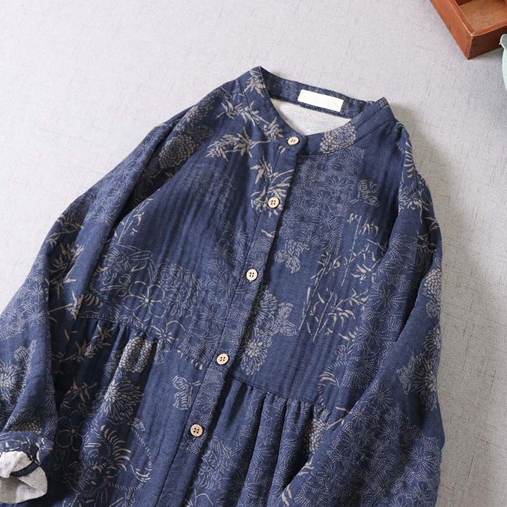 Buddha Stones Vestido midi de algodón para mujer con botones, manga larga y estampado floral de bambú y bolsillos - image 4