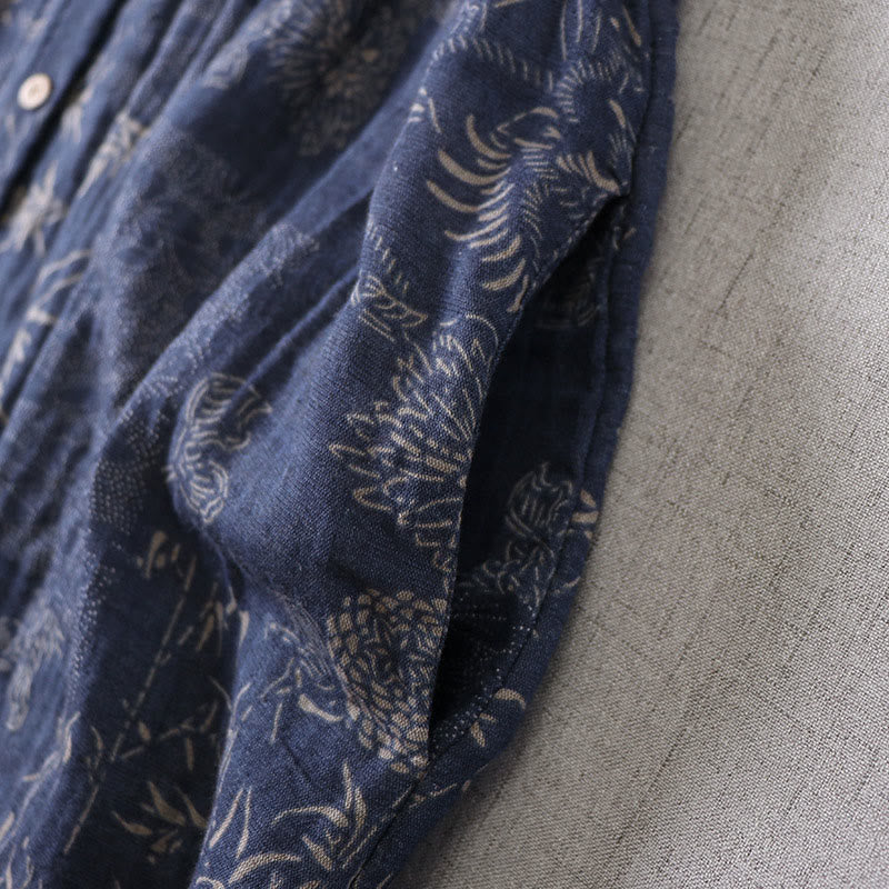 Buddha Stones Vestido midi de algodón para mujer con botones, manga larga y estampado floral de bambú y bolsillos - image 7