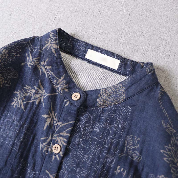 Buddha Stones Vestido midi de algodón para mujer con botones, manga larga y estampado floral de bambú y bolsillos - image 5