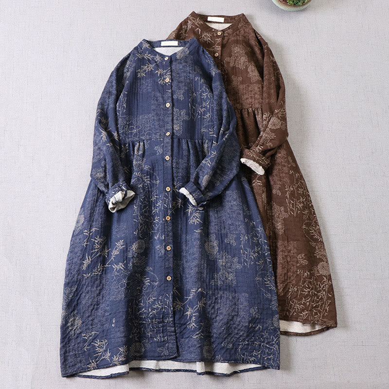 Buddha Stones Vestido midi de algodón para mujer con botones, manga larga y estampado floral de bambú y bolsillos - image 0