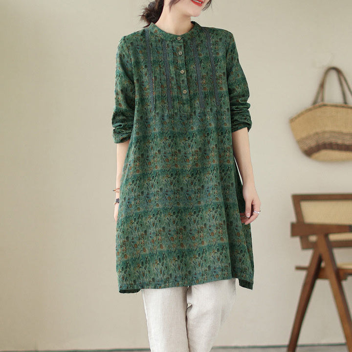 Buddha Stones Camisa de manga larga con pliegues de acordeón y bolsillos para mujer con estampado floral retro - Verdemar - US8-10，UK/AU12-14，EU40-42 (2XL) - image 16