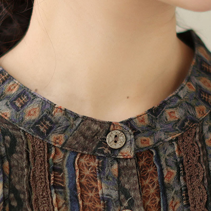 Buddha Stones Camisa de manga larga con pliegues de acordeón y bolsillos para mujer con estampado floral retro - image 10