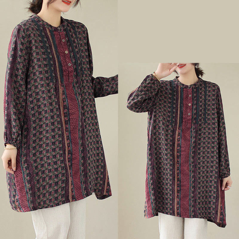 Buddha Stones Camisa de manga larga con pliegues de acordeón y bolsillos para mujer con estampado floral retro - image 15