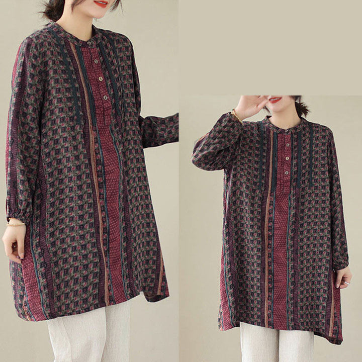 Buddha Stones Camisa de manga larga con pliegues de acordeón y bolsillos para mujer con estampado floral retro - image 15