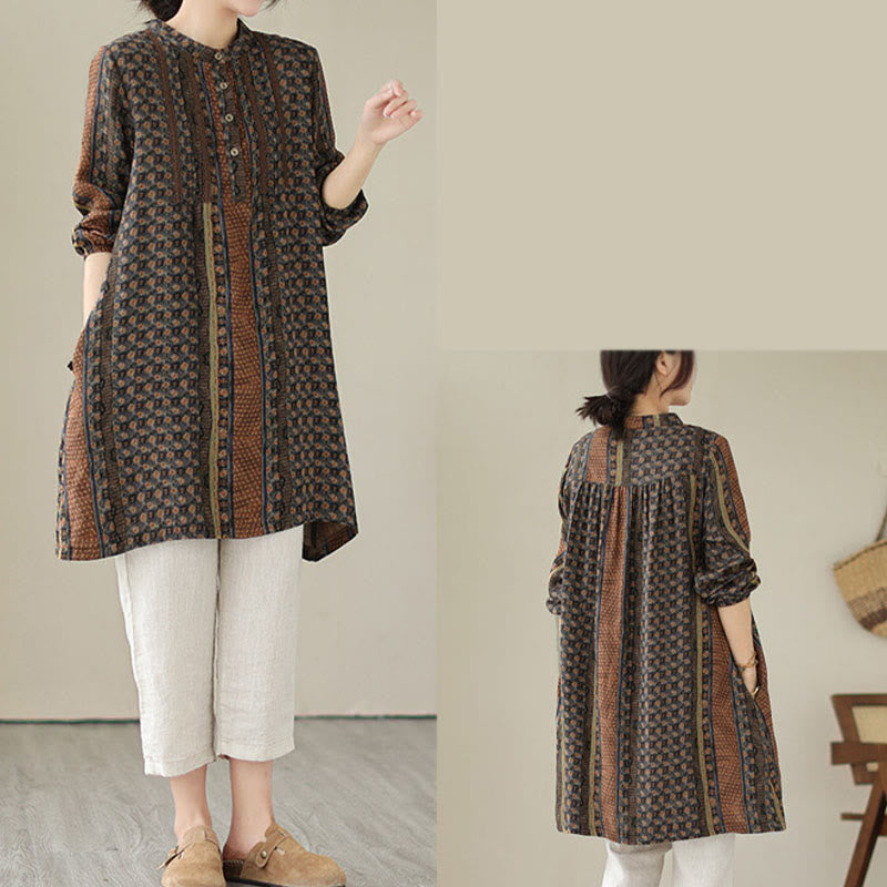 Buddha Stones Camisa de manga larga con pliegues de acordeón y bolsillos para mujer con estampado floral retro - image 6