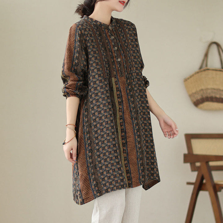 Buddha Stones Camisa de manga larga con pliegues de acordeón y bolsillos para mujer con estampado floral retro - image 1