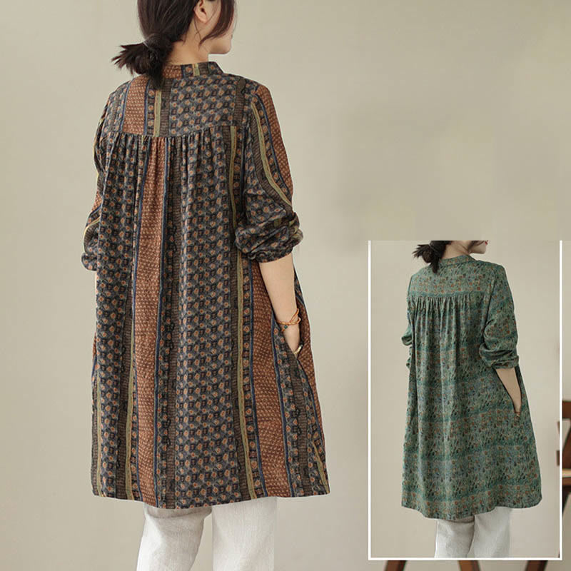 Buddha Stones Camisa de manga larga con pliegues de acordeón y bolsillos para mujer con estampado floral retro - image 22