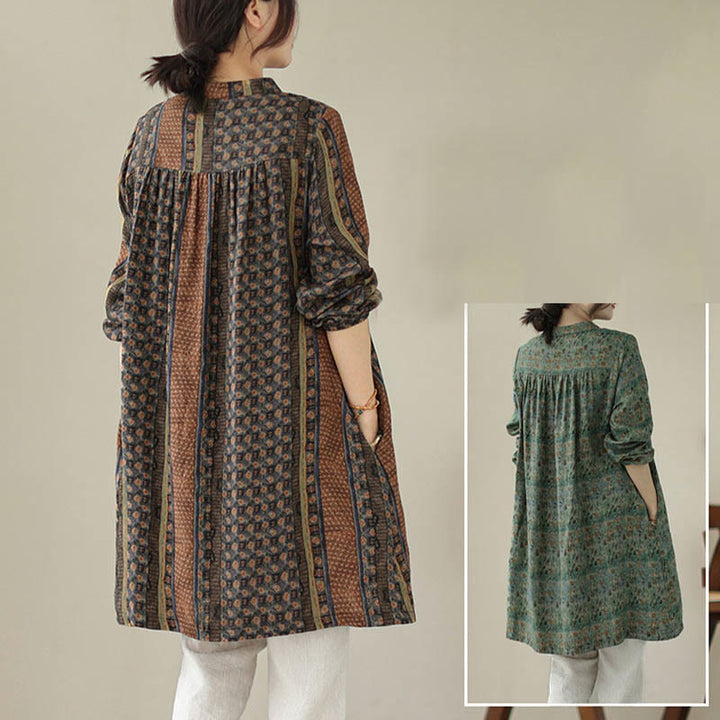 Buddha Stones Camisa de manga larga con pliegues de acordeón y bolsillos para mujer con estampado floral retro - image 22