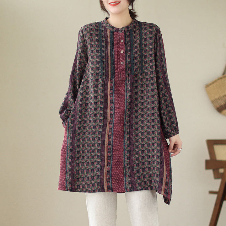 Buddha Stones Camisa de manga larga con pliegues de acordeón y bolsillos para mujer con estampado floral retro - Rojo oscuro - US8-10，UK/AU12-14，EU40-42 (2XL) - image 13