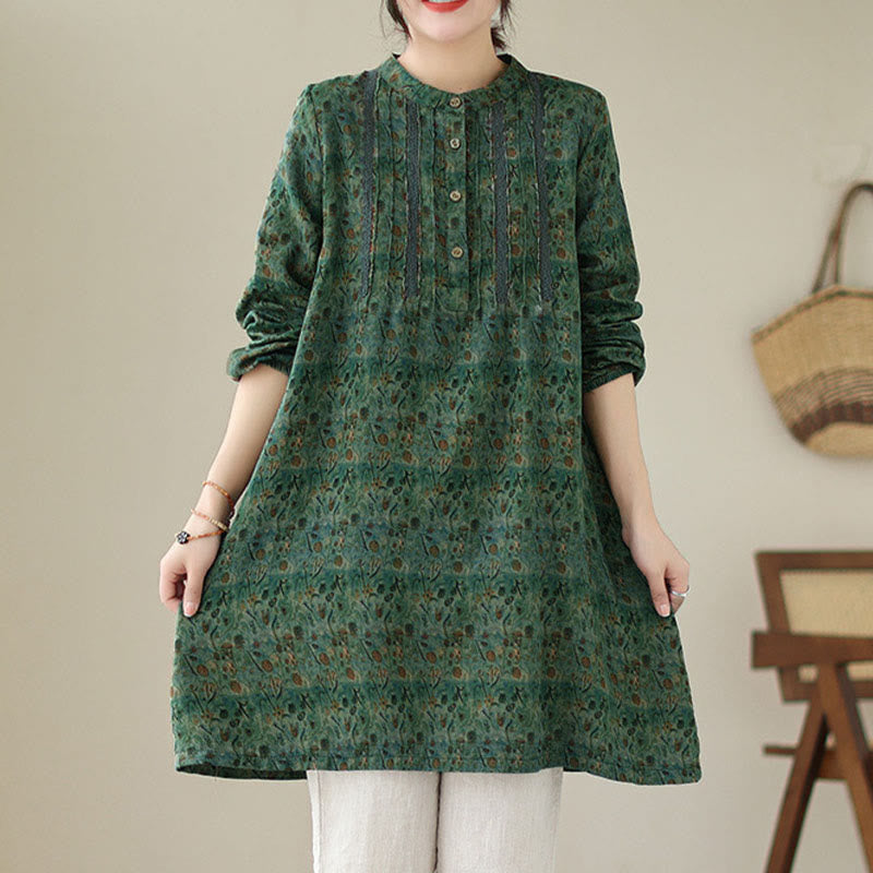 Buddha Stones Camisa de manga larga con pliegues de acordeón y bolsillos para mujer con estampado floral retro - image 18