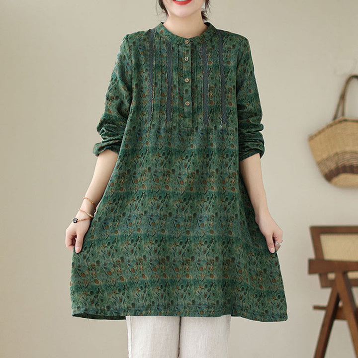 Buddha Stones Camisa de manga larga con pliegues de acordeón y bolsillos para mujer con estampado floral retro - image 18