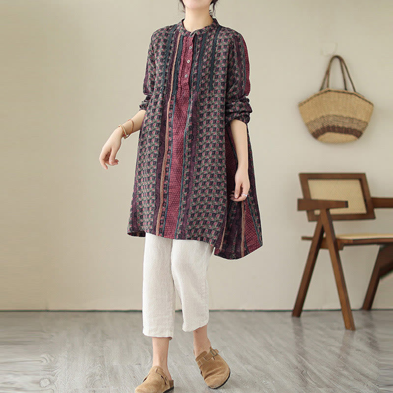 Buddha Stones Camisa de manga larga con pliegues de acordeón y bolsillos para mujer con estampado floral retro - image 14