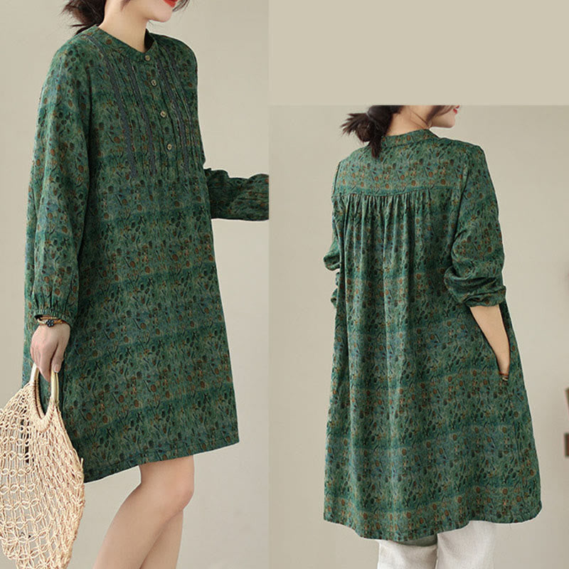 Buddha Stones Camisa de manga larga con pliegues de acordeón y bolsillos para mujer con estampado floral retro - image 21