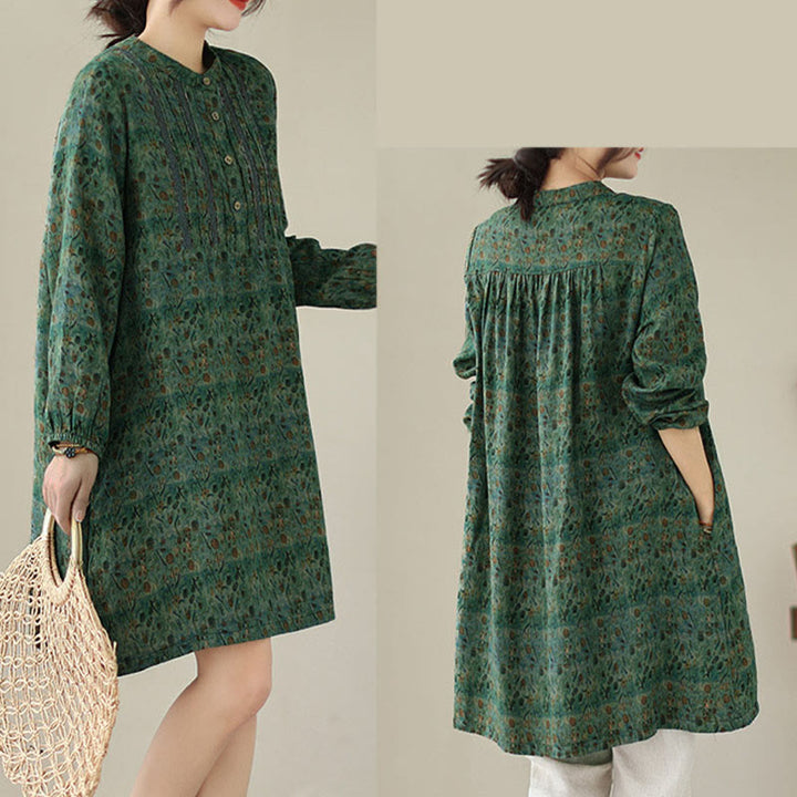 Buddha Stones Camisa de manga larga con pliegues de acordeón y bolsillos para mujer con estampado floral retro - image 21