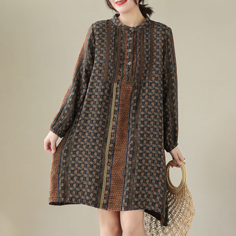 Buddha Stones Camisa de manga larga con pliegues de acordeón y bolsillos para mujer con estampado floral retro - image 3