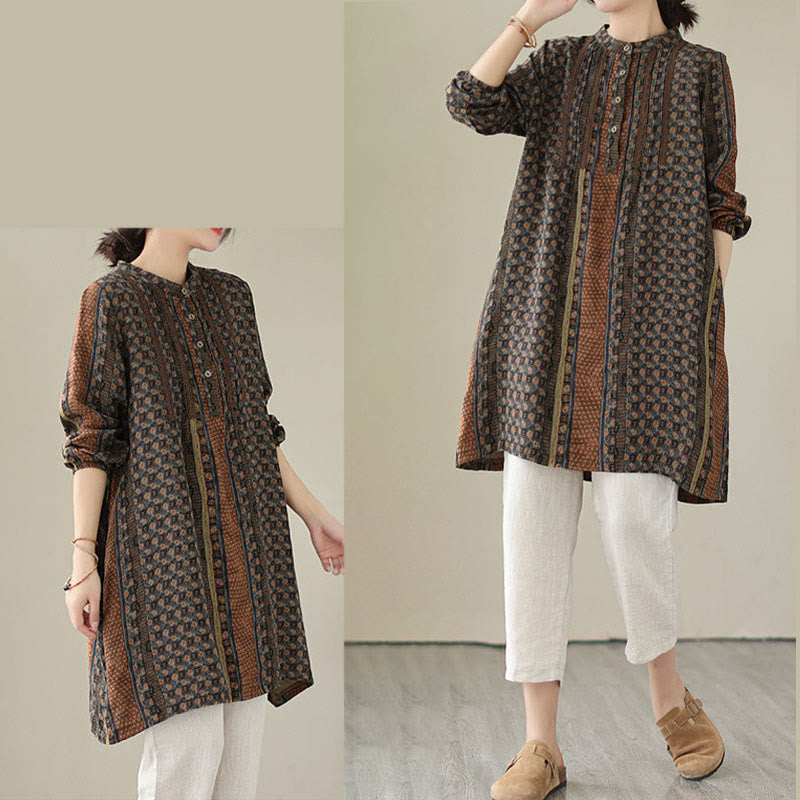 Buddha Stones Camisa de manga larga con pliegues de acordeón y bolsillos para mujer con estampado floral retro - image 7