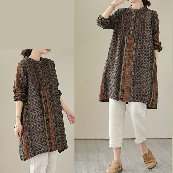 Buddha Stones Camisa de manga larga con pliegues de acordeón y bolsillos para mujer con estampado floral retro - image 7