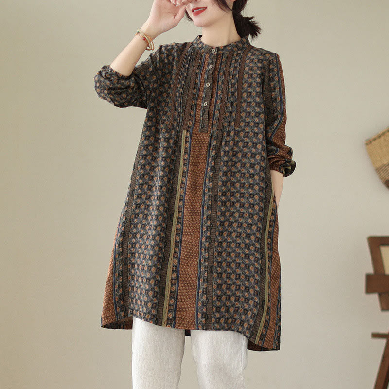 Buddha Stones Camisa de manga larga con pliegues de acordeón y bolsillos para mujer con estampado floral retro - SaddleBrown - US8-10，UK/AU12-14，EU40-42 (2XL) - image 0