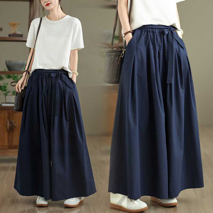 Buddha Stones Pantalones de mujer con cintura elástica, pierna ancha y bolsillos, diseño liso con cordones en azul oscuro - Azul oscuro - US6，UK/AU10，EU38 (XL) - image 0