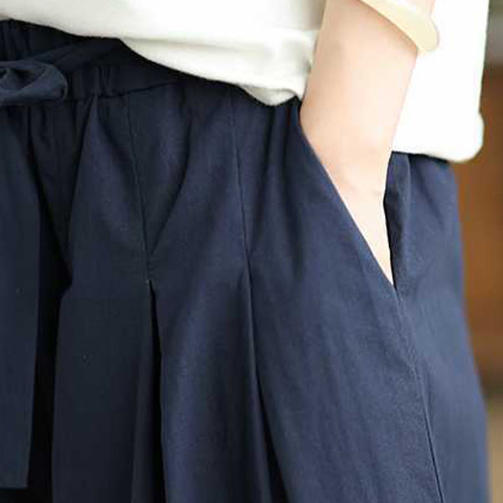 Buddha Stones Pantalones de mujer con cintura elástica, pierna ancha y bolsillos, diseño liso con cordones en azul oscuro - image 11