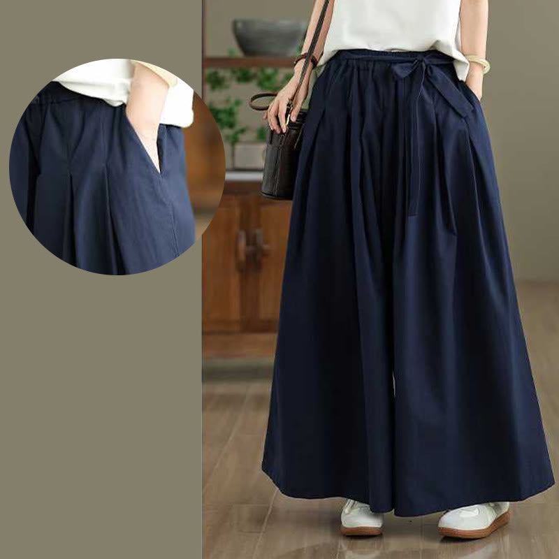 Buddha Stones Pantalones de mujer con cintura elástica, pierna ancha y bolsillos, diseño liso con cordones en azul oscuro - image 8