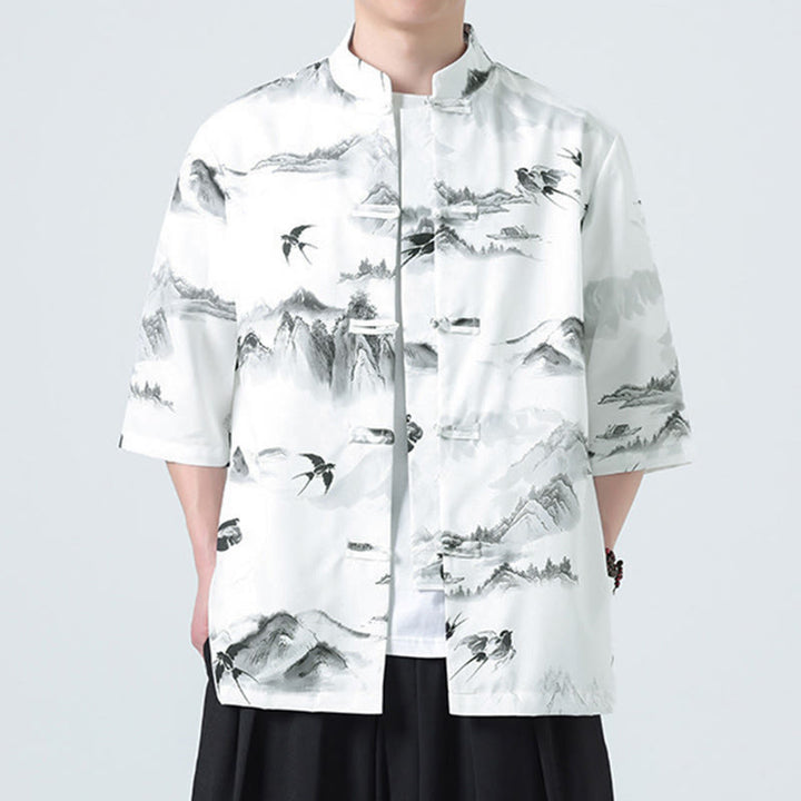 Buddha Stones Camisas de manga corta con botones de rana para hombre con estampado de paisaje en tinta china - image 4