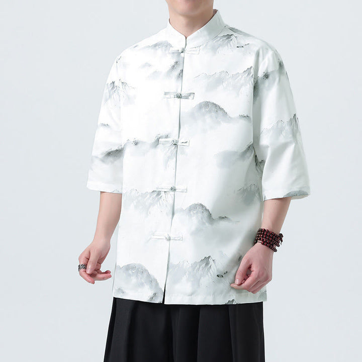 Buddha Stones Camisas de manga corta con botones de rana para hombre con estampado de paisaje en tinta china - image 12
