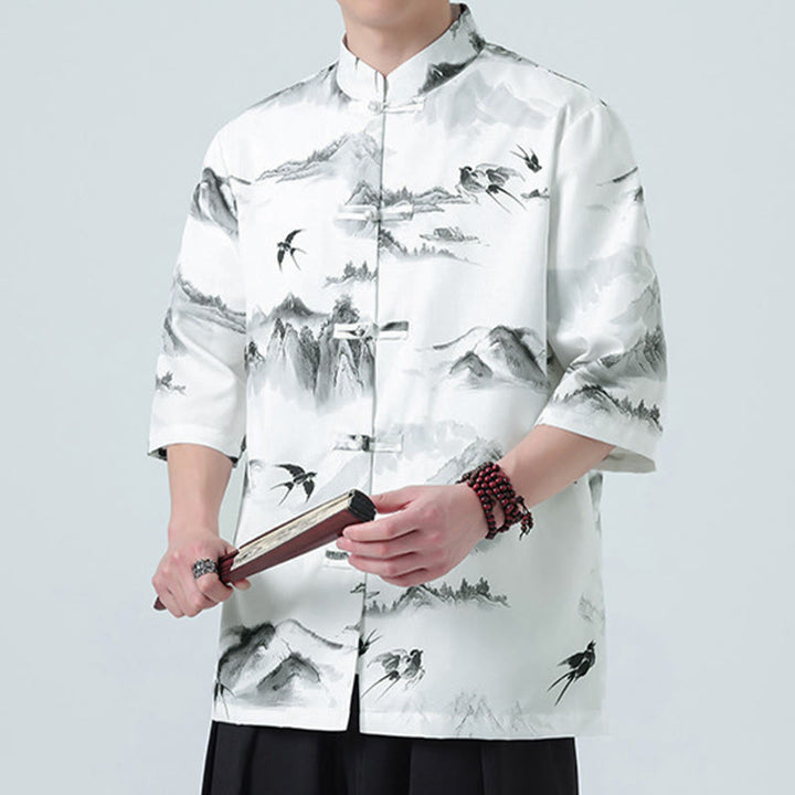 Buddha Stones Camisas de manga corta con botones de rana para hombre con estampado de paisaje en tinta china - image 3