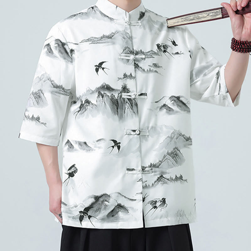 Buddha Stones Camisas de manga corta con botones de rana para hombre con estampado de paisaje en tinta china - Patrón de golondrina y montaña - US/UK/AU46, EU56 (5XL) - image 0