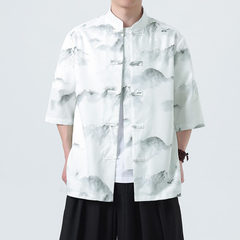 Buddha Stones Camisas de manga corta con botones de rana para hombre con estampado de paisaje en tinta china - image 16