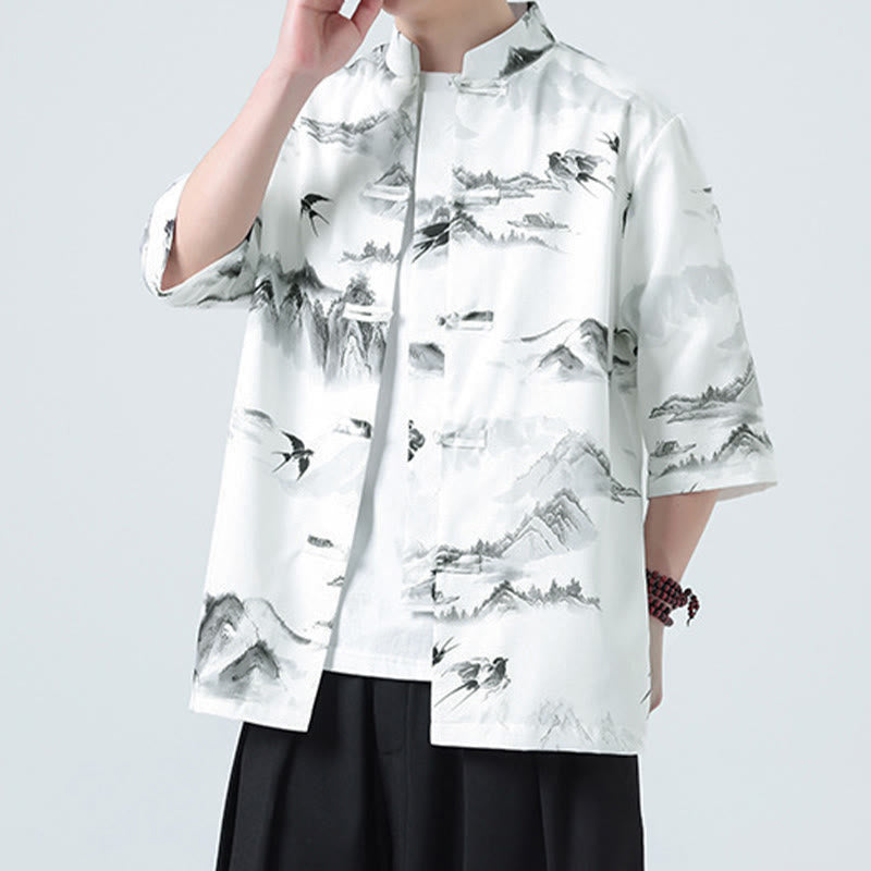 Buddha Stones Camisas de manga corta con botones de rana para hombre con estampado de paisaje en tinta china - image 6