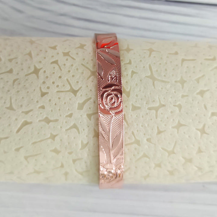 Buddha Stones Brazalete abierto de cobre con diseño de flor de rosa y equilibrio de la suerte - image 2