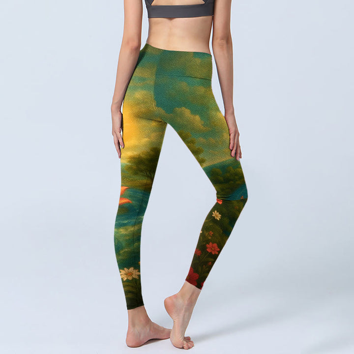 Buddha Stones Leggings de yoga para mujer con estampado simétrico de flor de loto, árbol de flores pequeñas y nubes - image 4