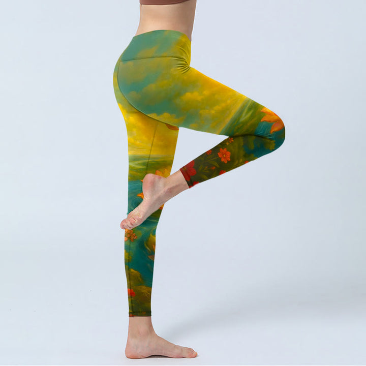 Buddha Stones Leggings de yoga para mujer con estampado simétrico de flor de loto, árbol de flores pequeñas y nubes - image 3