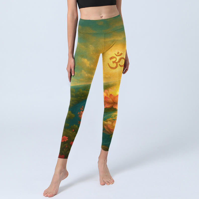 Buddha Stones Leggings de yoga para mujer con estampado simétrico de flor de loto, árbol de flores pequeñas y nubes - image 5