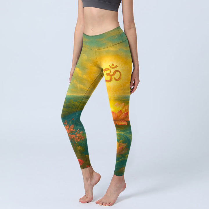 Buddha Stones Leggings de yoga para mujer con estampado simétrico de flor de loto, árbol de flores pequeñas y nubes - Verde - US18，UK/AU22，EU50 (4XL) - image 0