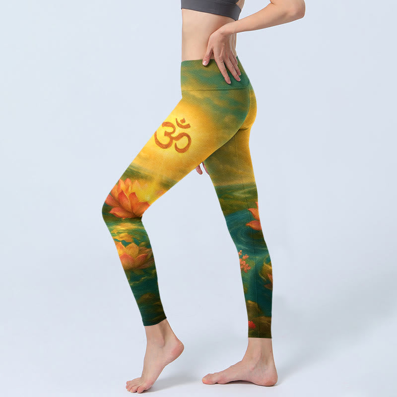 Buddha Stones Leggings de yoga para mujer con estampado simétrico de flor de loto, árbol de flores pequeñas y nubes - image 2