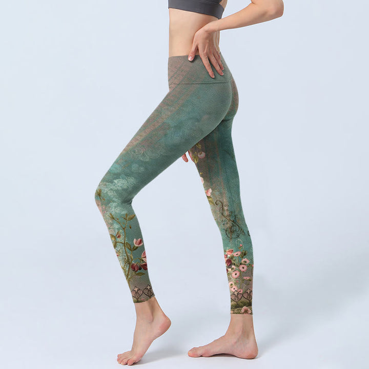 Buddha Stones Leggings de yoga para mujer con estampado retro simétrico de flores, hojas y enredaderas - image 2