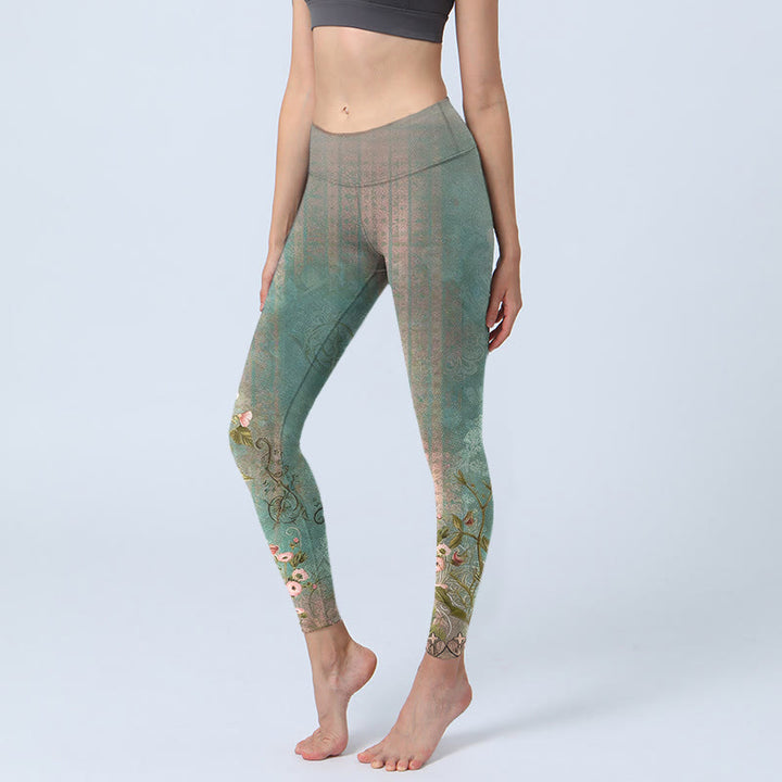 Buddha Stones Leggings de yoga para mujer con estampado retro simétrico de flores, hojas y enredaderas - Verde mar claro - US18，UK/AU22，EU50 (4XL) - image 0