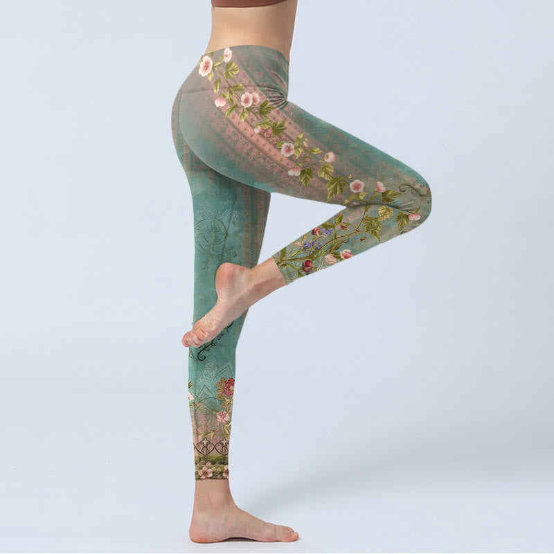 Buddha Stones Leggings de yoga para mujer con estampado retro simétrico de flores, hojas y enredaderas - image 3
