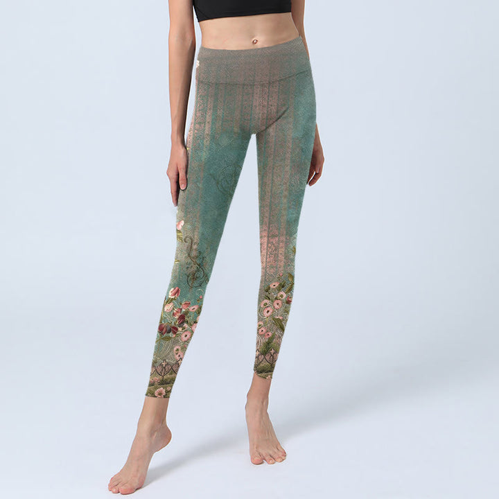 Buddha Stones Leggings de yoga para mujer con estampado retro simétrico de flores, hojas y enredaderas - image 5