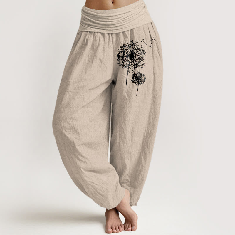 Buddha Stones Pantalones harén de cintura elástica para mujer, estilo minimalista, de algodón puro, con estampado de diente de león - Broncearse - US16，UK/AU20，EU48 (3XL) - image 0