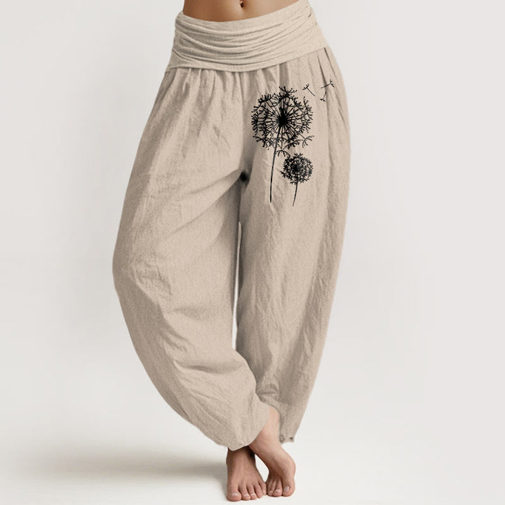 Buddha Stones Pantalones harén de cintura elástica para mujer, estilo minimalista, de algodón puro, con estampado de diente de león - Broncearse - US16，UK/AU20，EU48 (3XL) - image 0