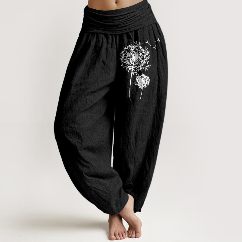 Buddha Stones Pantalones harén de cintura elástica para mujer, estilo minimalista, de algodón puro, con estampado de diente de león - Negro - US16，UK/AU20，EU48 (3XL) - image 5