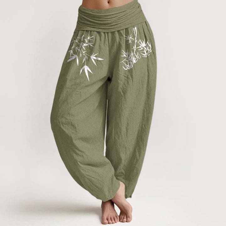 Buddha Stones Pantalones harén de algodón puro con cintura elástica y estampado de hojas de bambú para mujer. - Verde oliva - US16，UK/AU20，EU48 (3XL) - image 0