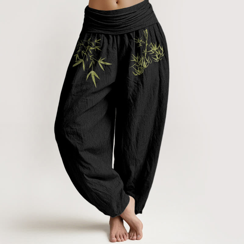 Buddha Stones Pantalones harén de algodón puro con cintura elástica y estampado de hojas de bambú para mujer. - Negro - US16，UK/AU20，EU48 (3XL) - image 5